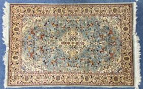 GOOD PERSIAN WOOL / SILK RUG, centre field with huntsmen and animals, floral border, 180 x 120cms