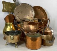 ASSORTED 19TH CENTURY METALWARE, including circular copper kettle with acorn finial, copper helmet