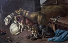 UNKNOWN 19TH CENTURY oil on canvas - dogs resting by fire, unsigned