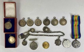 COLLECTION OF MEDALS, COINS & MEDALLIONS, including silver Albert chain with four silver shooting