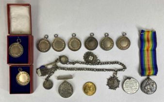 COLLECTION OF MEDALS, COINS & MEDALLIONS, including silver Albert chain with four silver shooting