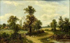 JOHN HENRY BOEL (active 1890-1910) oil on canvas - landscape with figure and ducks in foreground