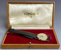 VINTAGE LONGINES 9CT GOLD CASED GENT'S WRISTWATCH, circular case, champagne dial with gold Arabic