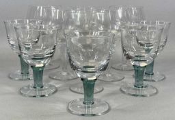 FIVE LARGE GREENWICH GLASS WATER GOBLETS with green stems, and six large Denby gin bowls (four boxed