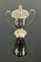 GEORGE V SILVER TWO-HANDLED TROPHY & COVER inscribed 'Robber - Allertonian Challenge Cup.