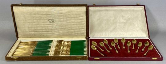 CASED SET OF TWELVE DESSERT KNIVES & FORKS, silver gilt with green handles, in fitted case