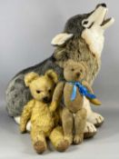 SOFT TOYS, a large Steiff 'Snorry' wolf with ear button and name tag, 60cms (h), and two vintage