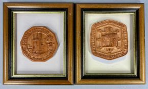 TWO CERAMIC TOKEN PLAQUES, 'Castell Caernarfon' and 'Castell Biwmares', each mounted and contained