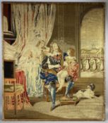 VICTORIAN WOOLWORK PICTURE, interior scene with father, mother, son, and dog, 97 x 84cms