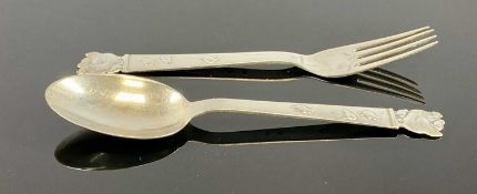 CARL M. COHR OF FREDERICIA: CHRISTENING FORK & MATCHING SPOON, decorated with chicken and chicks