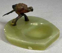 ART DECO ASHTRAY, horseshoe shaped alabaster base, mounted with cold painted perched parrot