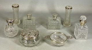 VARIOUS SILVER MOUNTED CUT-GLASS DRESSING TABLE BOTTLES, scent bottles, etc.