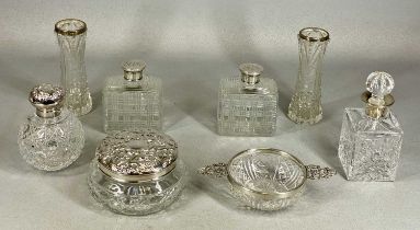 VARIOUS SILVER MOUNTED CUT-GLASS DRESSING TABLE BOTTLES, scent bottles, etc.