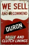 VINTAGE ENAMEL ADVERTISING SIGN, single sided, 'We Sell and Recommend Duron Brake and Clutch