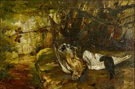 VICTORIAN SCHOOL oil on canvas - blackbird beside a dead bird of prey, with other birds