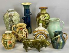 GROUP OF ENGLISH STUDIO POTTERY, including Brannam type Art Nouveau three-handled slender vase