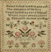 VICTORIAN NEEDLEWORK SAMPLER, with floral border, centre with flowers, butterflies and birds,