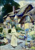 DAVID WOODLOCK (1842-1929) watercolour - lady in cottage garden feeding doves, signed lower left