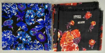 LIBERTY OF LONDON: VARUNA WOOL SHAWL, red floral pattern on blue ground, printed Liberty name