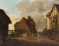 18TH / 19TH CENTURY DUTCH SCHOOL large oil on canvas - farmyard scene with figures, unsigned