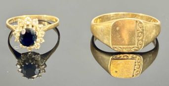 9CT GOLD SIGNET RING, size W, and 9ct gold cluster ring, size N, 6.5g gross