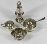 SILVER CONDIMENTS, including mustard pot and spoon, open salt, mustard pot with Chester hallmark