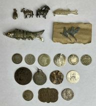 ASSORTED COLLECTABLES, including antique coins and tokens, miniature silver / white metal charms