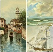 GROUP OF 20TH CENTURY PAINTINGS: MONOGRAMMED C.M. oil on paper - coastal view with seagulls