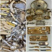 VARIOUS PLATED ITEMS, including oval tea tray, egg cruet, bottle coaster, toast rack, and various