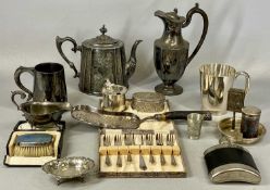 OFFERED WITH LOT 47 - ASSORTED WHITE METAL / PLATED ITEMS, including claret jug, mustard pot,