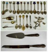 VARIOUS SOUVENIR SPOONS, silver handled cake slice and knife in box, and other assorted collectables