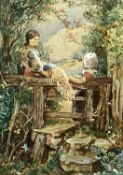 AFTER MYLES BIRKET FOSTER (British 1825-1899) watercolour - two children resting by gateway