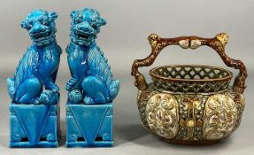 ALHAMBRIAN MAJOLICA BASKET, moulded detail, reticulated rim, 20cms (h); and pair of blue glazed