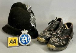 GROUP OF VINTAGE COLLECTABLES, including Cheshire Constabulary helmet, RAC and AA car badges