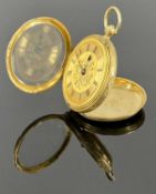 VICTORIAN 18CT GOLD LADIES' FOB WATCH, gilt dial with foliate engraved centre, enamelled Roman