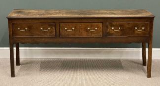 19TH CENTURY OAK SHROPSHIRE TYPE DRESSER BASE having three drawers, brass drop handles and shaped
