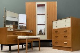 MID-CENTURY G-PLAN E GOMME LABEL BEDROOM FURNITURE to include two door wardrobe with central bi-fold