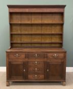 19TH CENTURY OAK WELSH DRESSER with three shelf rack over base of six drawers and two cupboard