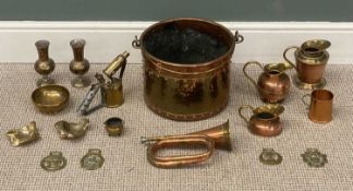 BRASS & COPPER ASSORTMENT to include bugle, swing handled coal scuttle, jugs, blow lamp, horse