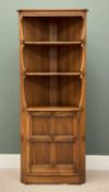 ERCOL FLOOR STANDING CORNER CUPBOARD, three shelves over single base cupboard door, 184 (h) x 76 (w)