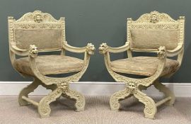 PAIR OF ANTIQUE X FRAMED CARVED ELBOW CHAIRS having lion mask detail, painted, 104 (h) x 69 (w) x