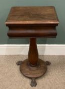 VICTORIAN WALNUT WORKTABLE on a single pedestal and with claw feet, 74 (h) x 46 (w) x 38cms (d)