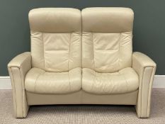 FINE STRESSLESS TYPE LEATHER EFFECT TWO-SEATER RECLINING SOFA IN CREAM, 104 (h) x 148 (w) x 75cms (