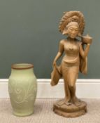 CARVED WOOD EASTERN LADY, 75cms tall and a large Denby vase 'Ferndale' green, 35cms (h)