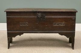 1703 CARVED OAK SWORD CHEST INITIALLED 'T D' having iron clasp and furniture, 64 (h) x 112 (w) x