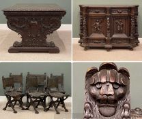 FLEMISH GOTHIC REVIVAL OAK DINING ROOM SUITE comprising two door sideboard, 120 (h) x 178 (w) x