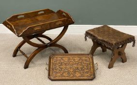 BURR WALNUT EFFECT BUTLER'S TRAY ON STAND, 58 (h) x 84 (w) x 51cms (d), vintage wooden tray and