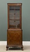 REPRODUCTION WALNUT & MAHOGANY NARROW DISPLAY CABINET having single glazed door above a base