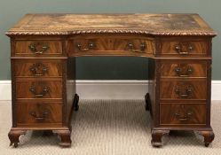 FINE REPRODUCTION TWIN PEDESTAL DESK with inverted bow front and tooled top, brass drop handles