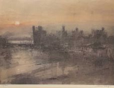 WILLIAM SELWYN limited edition (27/300) print - Caernarfon Castle with sunset to background,